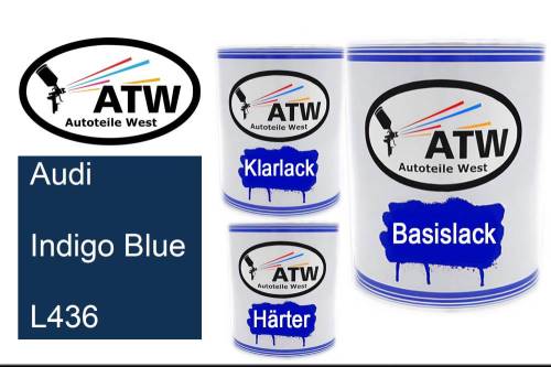 Audi, Indigo Blue, L436: 1L Lackdose + 1L Klarlack + 500ml Härter - Set, von ATW Autoteile West.